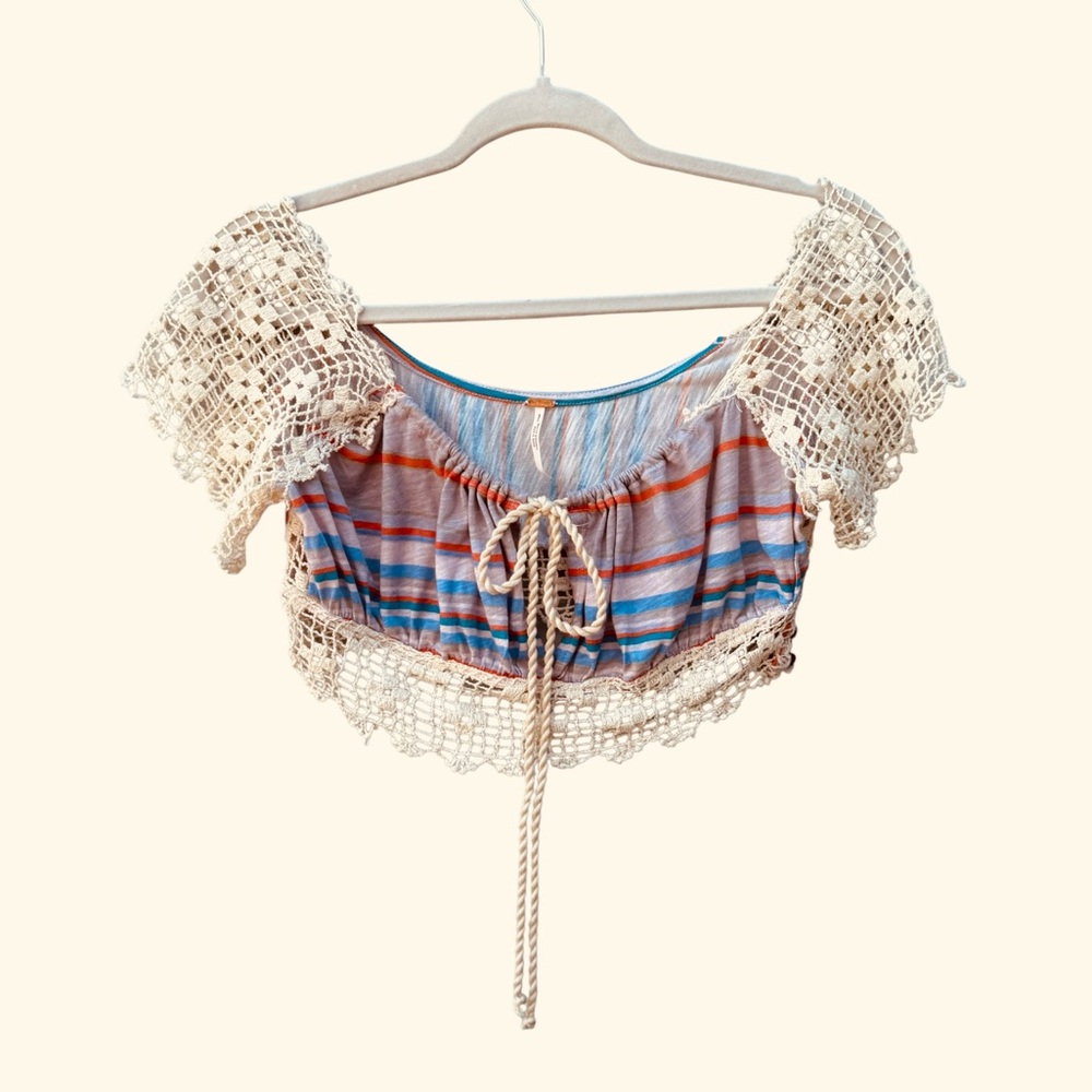 Free People Women’s S Aruba Crochet Striped Bohemian Hippie Festival Crop Top - Picture 6 of 12